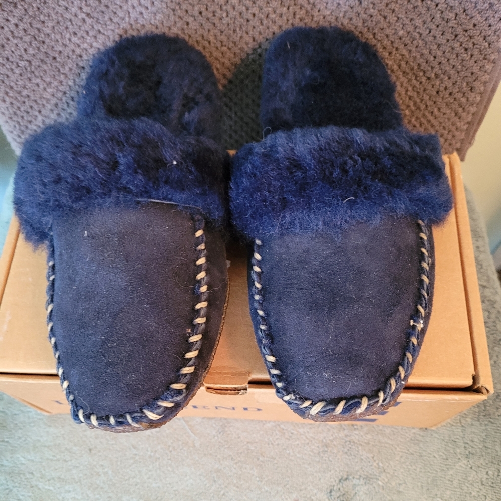 NWT Land's End  scuff suede and wool navy blue slippers